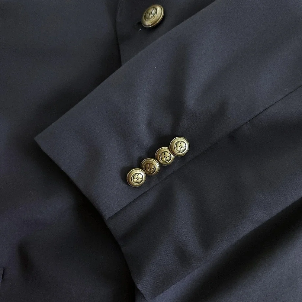 Jos A Bank Mens Blazer 46L Navy Blue 100% Wool 3 Button Brass‎ Crest Sport Coat